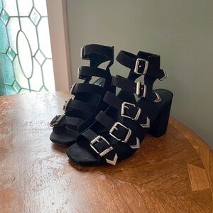 Topshop black suede heels with silver buckles, size 6.5